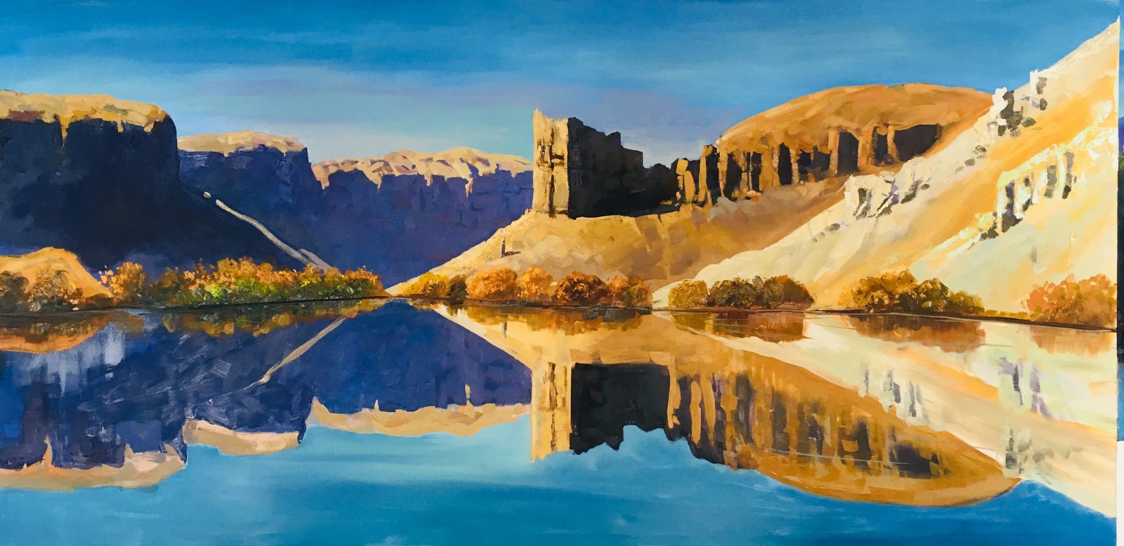Canyon Reflections — oil painting of sunlit cliffs mirrored in still water